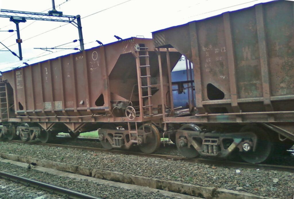 Indian Railways BOBRN freight wagons used for rapid coal unloading on railway track