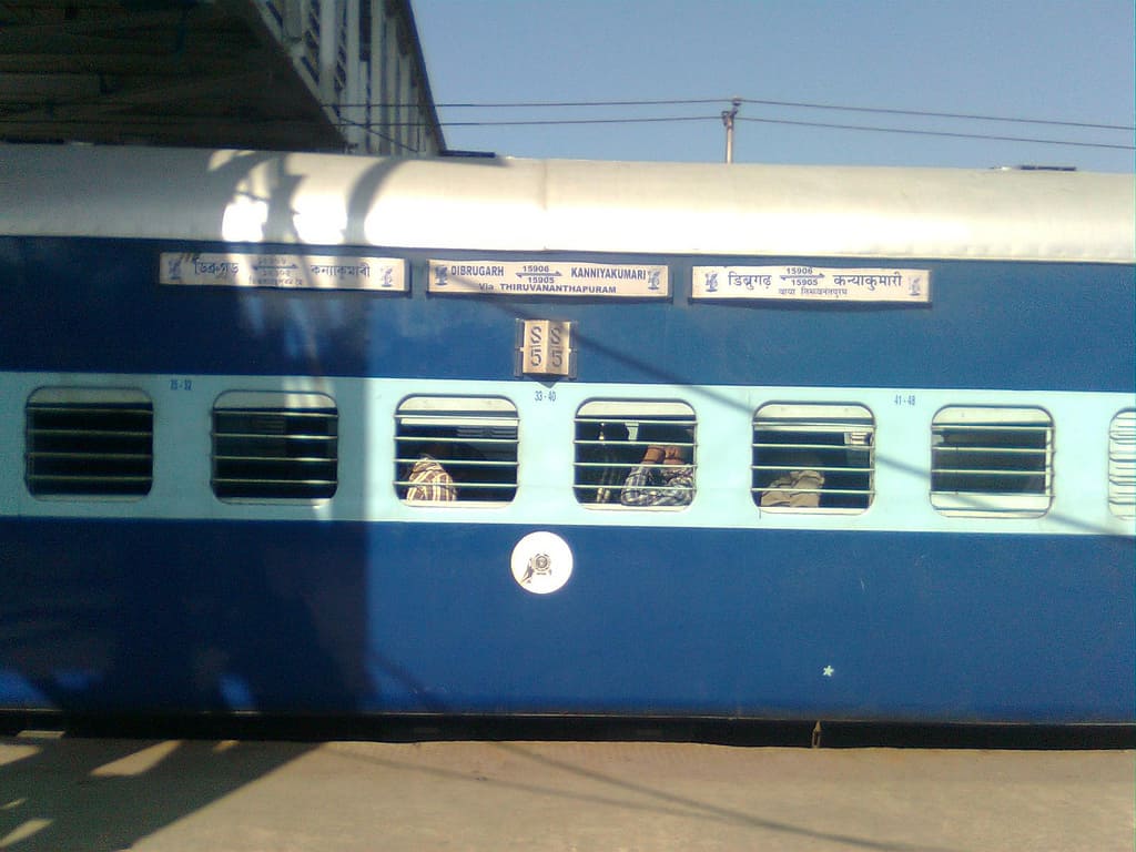 Indian Railways Vivek Express train coach showing Dibrugarh to Kanyakumari route board