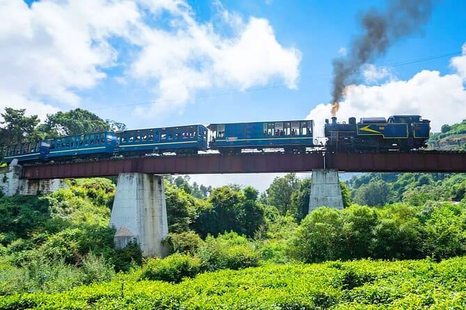 Darjeeling Himalayan Railway toy train crossing a bridge in the hills with steam engine