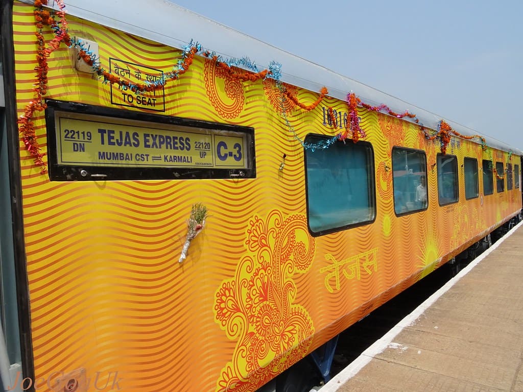 Tejas Express train exterior at platform with modern coach design