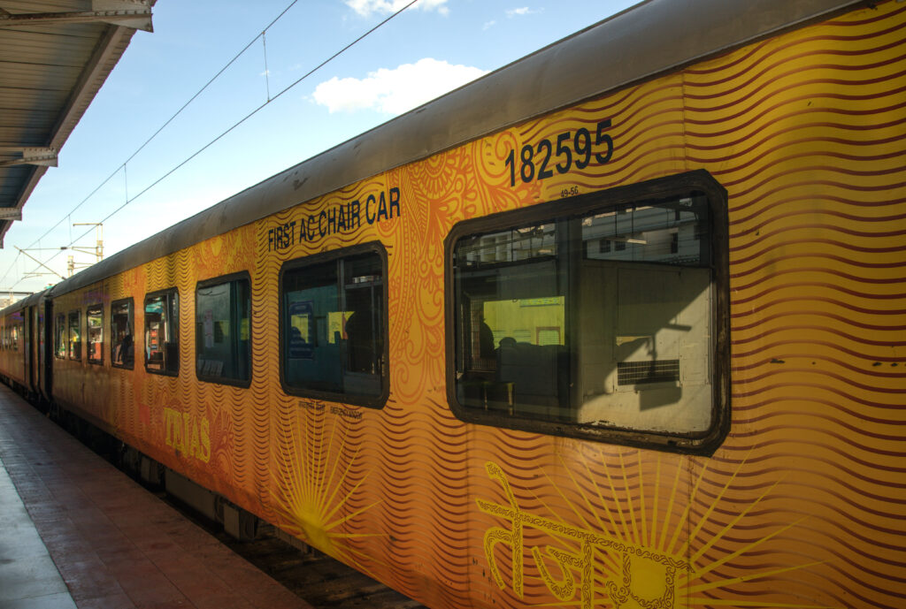 Tejas Express first AC chair car coach at railway platform in India