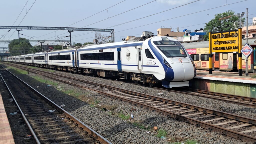 Vande Bharat Express train standing at Kodambakkam railway station Chennai