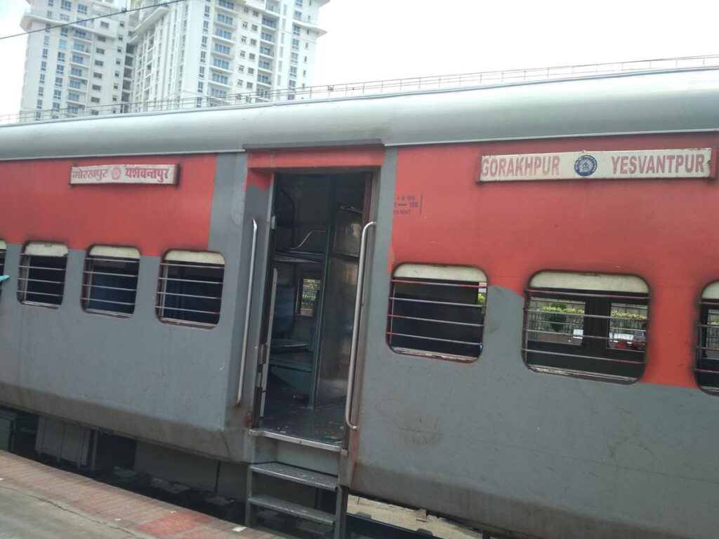 Gorakhpur to Yesvantpur Express train coach at station showing long-distance Indian Railways journey