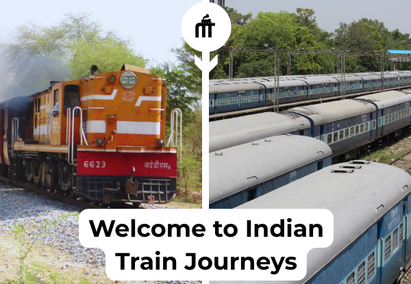 Indian train journey with diesel locomotive and passenger coaches on railway tracks in India