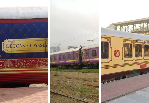 Deccan Odyssey luxury train exterior with royal design and purple coaches at railway platform
