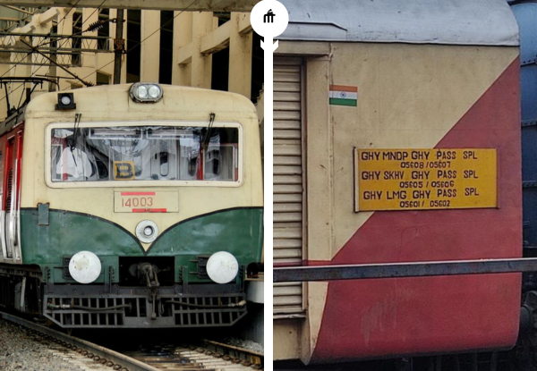 Slow passenger train in India at railway platform showing front engine and coach details