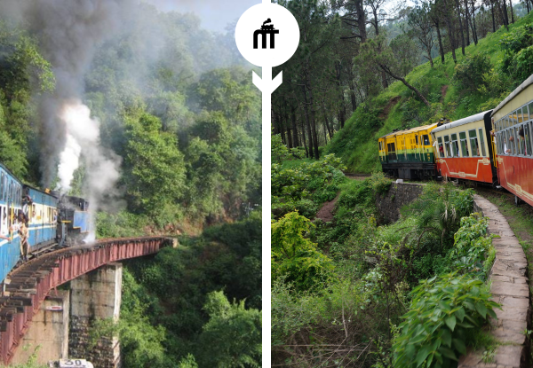 Toy trains navigating steep mountain tracks and forested hills in India, showing challenging railway terrain