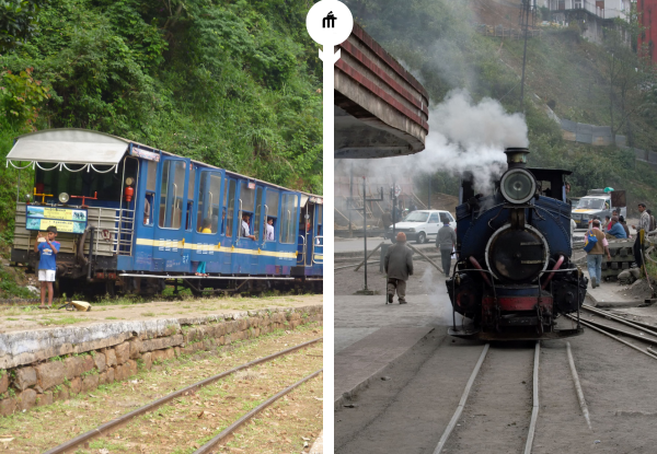 Indian toy trains on mountain routes including blue passenger train and steam locomotive at hill station