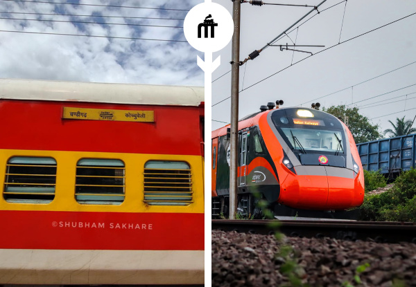 Indian train comparison showing traditional sleeper coach and modern Vande Bharat Express side by side