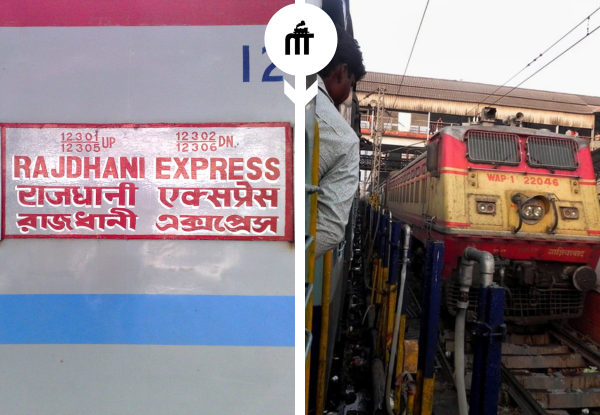 Rajdhani Express train and Indian Railways locomotive at platform showing busy long-distance travel scene