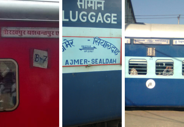 Indian trains showing different routes including Ajmer Sealdah and long-distance express coaches