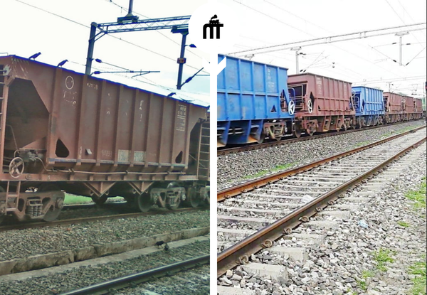 Indian Railways freight wagons including BOXN coal wagon and mixed freight train on railway track