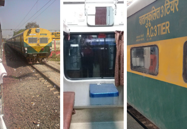 Indian train journey showing exterior engine, sleeper coach interior, and AC 3 tier compartment