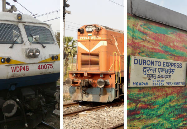 Indian Railways WDP4B diesel locomotive, WDG4 freight engine, and Duronto Express train signboard collage