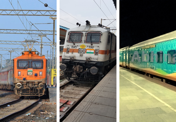 Advanced Indian trains including electric locomotive, WAP engine, and modern Amrit Bharat Express at railway stations