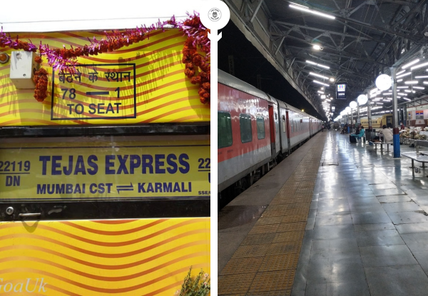 Tejas Express train at railway platform in India with coach signage and station view