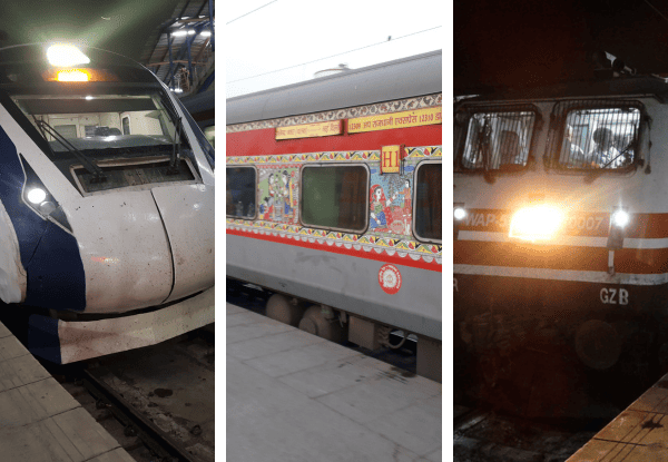 Fastest Indian trains including Vande Bharat, decorated passenger coach, and electric locomotive at station