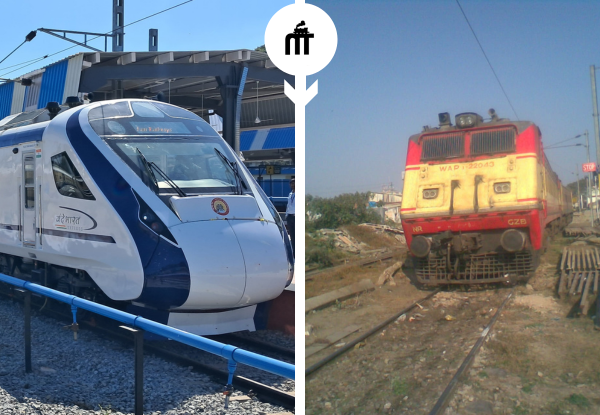 Vande Bharat train and traditional Indian locomotive side by side showing modern and high-demand railway travel in India